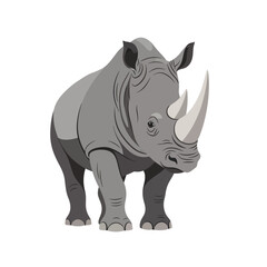 Illustration of a gray rhinoceros standing, facing forward, with two horns visible.