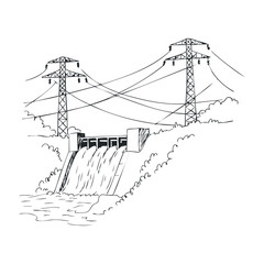Hydroelectric dam with transmission towers and flowing water illustration. Hand drawn vector illustration