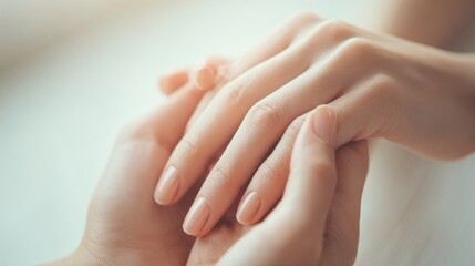 Close-up of gentle human hands holding each other expressing care and comfort.