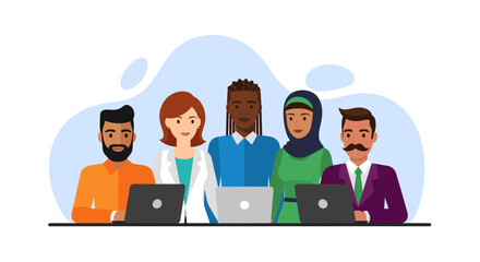 A diverse group of professional colleagues works efficiently on laptops, illustrating modern teamwork and digital connectivity for a global workforce.