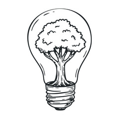 Tree inside light bulb symbolizing eco-friendly energy and innovation. Hand drawn vector illustration