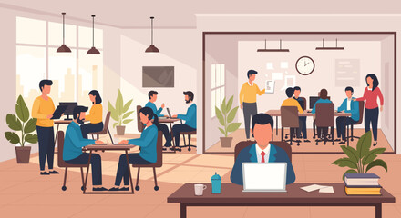 A vibrant, modern office environment bustling with diverse professionals collaborating and working efficiently at their desks and in a dedicated meeting room.