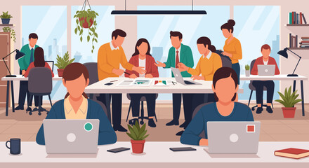 Modern office environment fostering collaboration and productivity among diverse professionals, ideal for business concepts or digital landing pages.