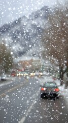 Heavy traffic during snowstorm on a mountain road with SUVs and cars struggling to navigate snowy conditions