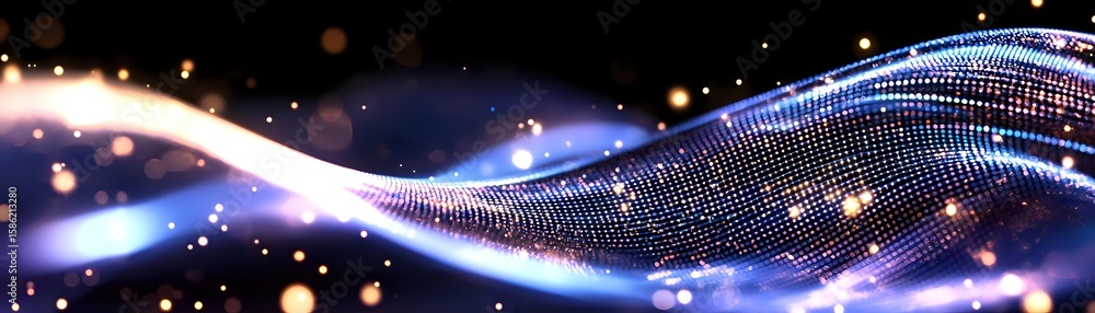 Poster glowing digital wave with sparkling particles flowing on dark background, abstract technology networ