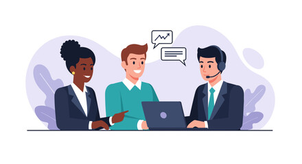 Happy diverse remote workers collaborate on a project using laptop, communicating via online chat bubbles in a modern work from home setting.