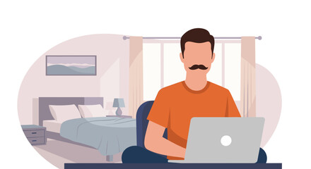 A man with a mustache works remotely on his laptop from a comfortable home office with a bedroom in the background.