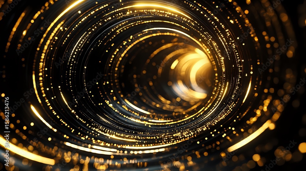 Poster glowing golden spiral with light particles creating dynamic circular motion against dark background,