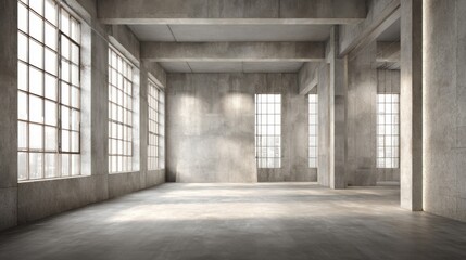 Spacious Industrial Loft with Large Windows and Exposed Concrete Walls.