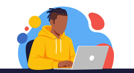 A remote worker with dreadlocks in a yellow hoodie types on a laptop, embodying modern work from home culture and digital nomadism.