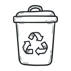 Black and white recycling bin with recycle symbol on white background. Hand drawn vector illustration