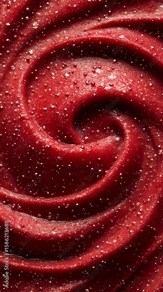 Poster mesmerizing red spiral pattern with glittering particles creating dynamic swirl effect against dark 