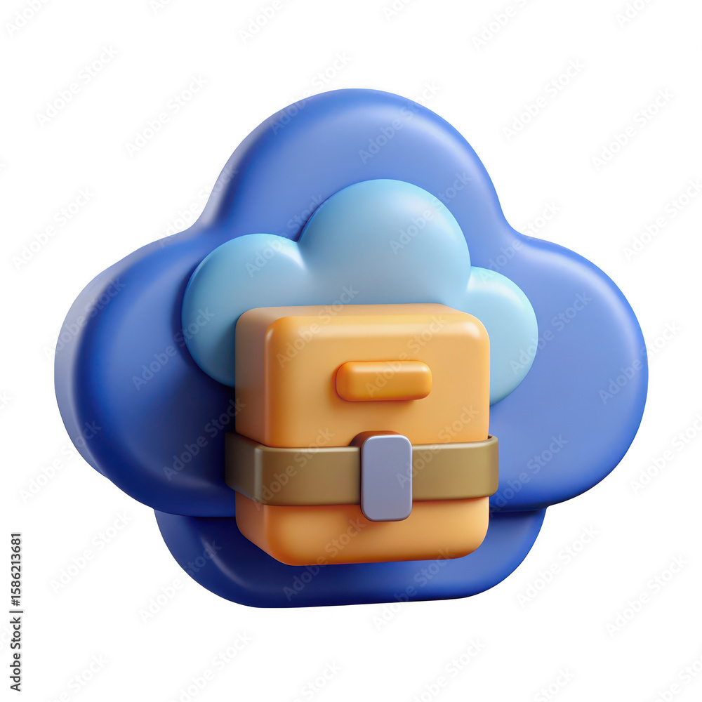 Poster stylized 3d rendering of a data storage package secured with a strap on a fluffy cloud formation iso