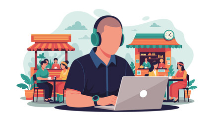 A vibrant illustration portrays a focused remote worker wearing headphones, diligently using a laptop within a bustling outdoor cafe or market setting.