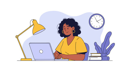 A focused young woman is comfortably working on her laptop at a minimalist home office desk, perfectly illustrating the modern remote work lifestyle.