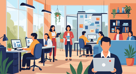 A vibrant open-plan office environment where diverse professionals collaborate and work efficiently on computers, showcasing modern business productivity.