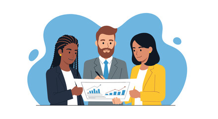 Three diverse business professionals collaboratively analyze financial data and charts, depicted in a modern flat illustration style.