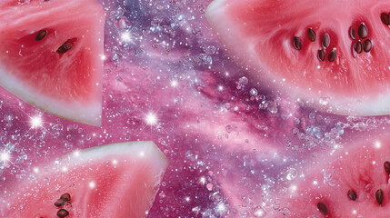 Fototapeta premium sliced watermelon and sparkling water droplets floating in zero gravity, cosmic background, surreal space-fruit concept