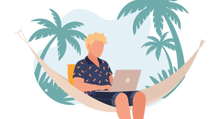 A young man embraces the digital nomad lifestyle, working remotely on his laptop from a relaxing hammock under tropical palm trees.