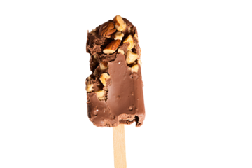 a chocolate covered ice cream bar with nuts on top
