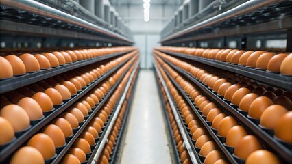 Naklejka premium Rows of brown eggs stored on racks in a modern facility, highlighting an organized agricultural production environment.