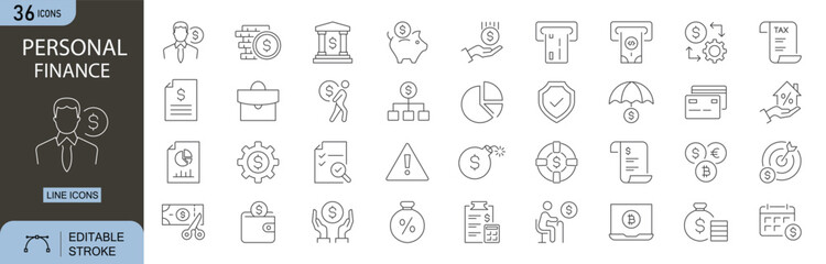 Personal Finance icons set. Includes icons for budgeting, savings, expenses, credit card, piggy bank, finance, bu, income, debt, investment, and money management. Line icons. Perfect for infographics.