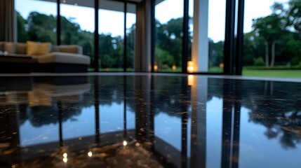 Polished black marble floor reflecting panoramic windows and outdoor scenery in modern luxury home interior with ambient lighting and contemporary furniture.