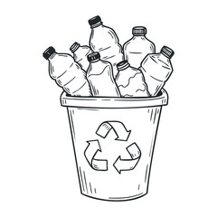 Recycling bin filled with plastic bottles and recycle symbol line drawing. Hand drawn vector illustration