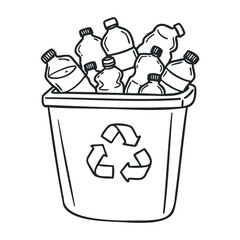 Recycling bin filled with plastic bottles and recycle symbol for environmental awareness. Hand drawn vector illustration