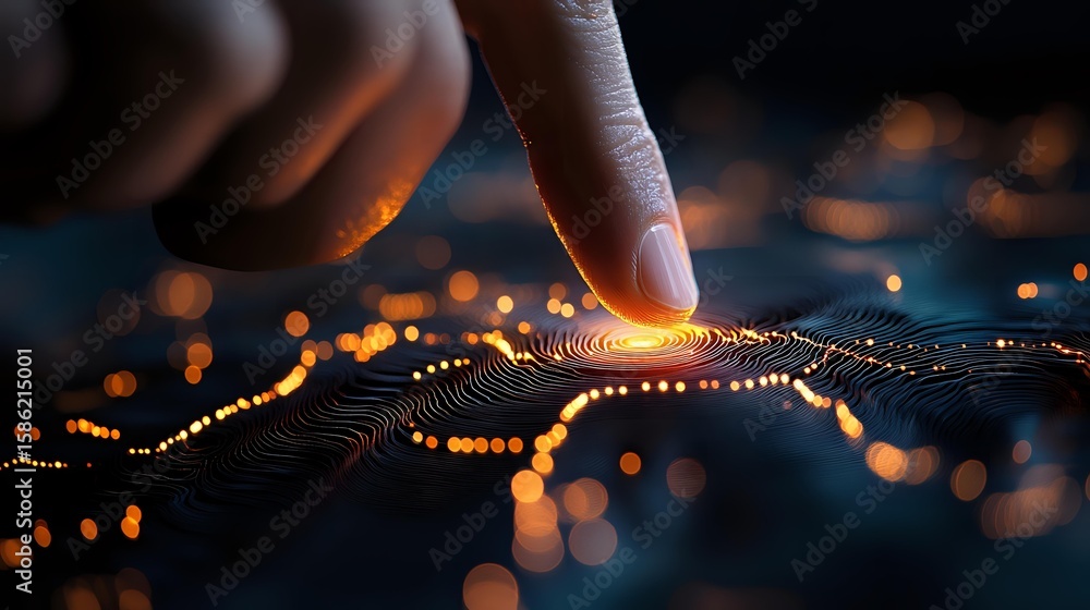 Poster finger touching glowing circuit board pattern with orange light trails and bokeh effects against dar