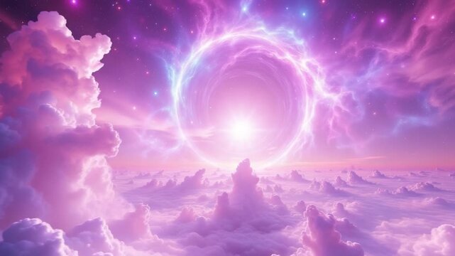 Aerial shot with surreal cloudscape and portal to another dimension and realm of gods, fantasy background