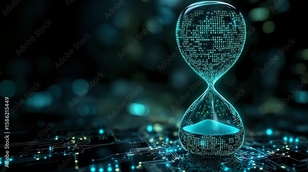 Poster digital hourglass with flowing binary code on dark circuit board background, glowing cyan light effe