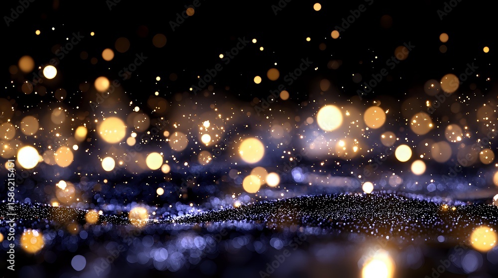 Poster magical glowing bokeh lights on dark background with sparkles and blurred golden particles create dr