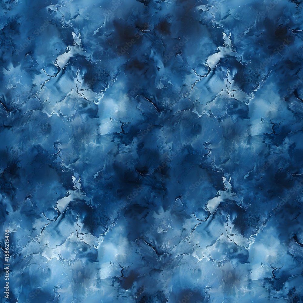 Poster seamless abstract watercolor pattern in deep ocean blue tones with swirling marble effects and cloud