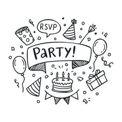 Birthday celebration elements: cake, balloons, party hats, rsvp speech bubble, doodle style. Hand drawn vector illustration