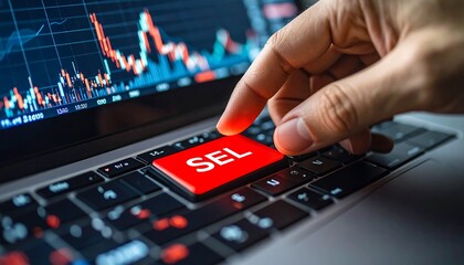 Hand pressing a red button labeled "SEL" on a laptop keyboard, financial data visible in background