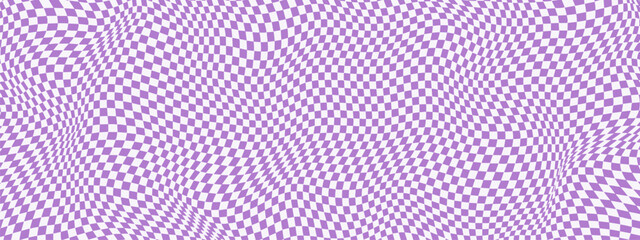 Naklejka na ściany i meble Psychedelic checkerboard background with wavy retro patterns and groovy grid textures. Y2K abstract checks in trippy purple and blue vector waves. 70s distorted swirls or geometric illusions.