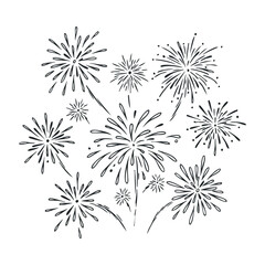 Black and white fireworks sketch with various bursting patterns on white background. Hand drawn vector illustration