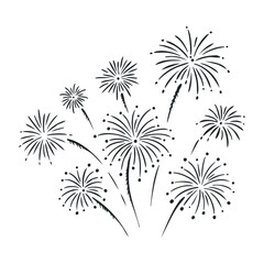 Black firework bursts on white background - celebration silhouette. Hand drawn vector illustration