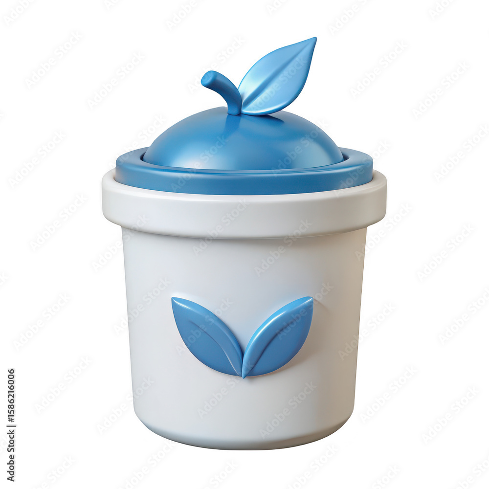 Poster stylized 3d rendering of a white container with a blue lid and leaf motifs isolated on transparent b