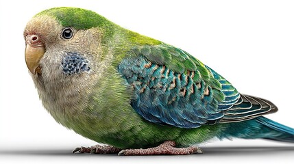 Obraz premium Close-up of green and blue bird on white background