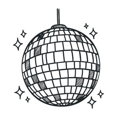 Retro disco ball drawing with sparkling stars in black and white. Hand drawn vector illustration