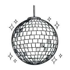 Hand-drawn disco ball with sparkles. Hand drawn vector illustration