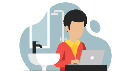 A faceless person with curly hair works diligently on a laptop in a stylized bathroom setting, illustrating modern remote work flexibility.