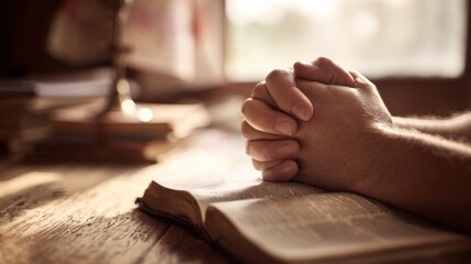 Hands Folded in Prayer Resting on Open Bible with Warm Soft Natural Light.