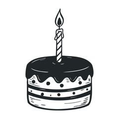 Black and white birthday cake with candle clipart. Hand drawn vector illustration