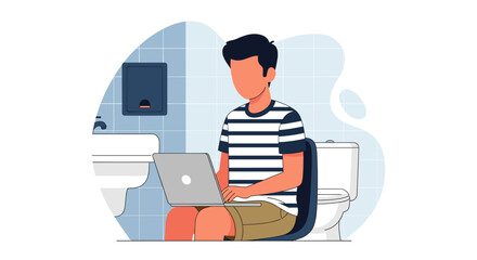 A young man is sitting on the toilet, working on his laptop, blurring the lines between personal time and professional responsibilities.