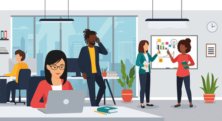 Obraz premium Diverse team members collaborate in a modern office, sharing ideas and working on laptops, fostering a productive and inclusive work environment with natural light.