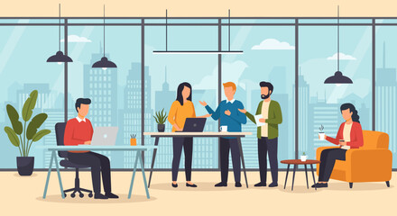 A diverse team of professionals collaborates in a modern, open-plan office space with large windows overlooking a bustling city skyline.