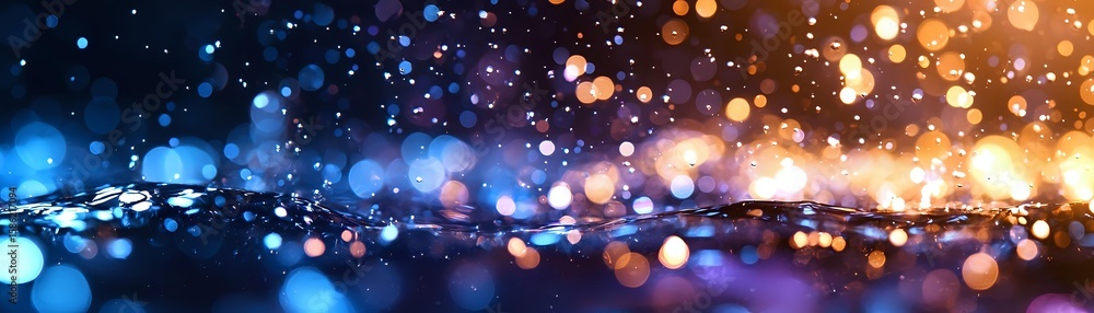 Poster glowing bokeh lights on dark reflective surface create magical atmosphere with blue and golden spark